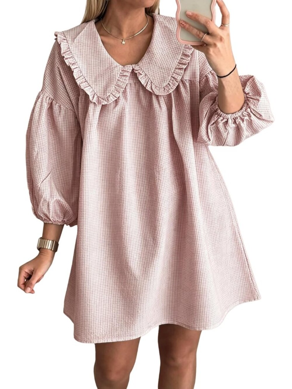Women's Gingham Mini Dress 3/4 Puff Sleeve Babydoll Doll Collar